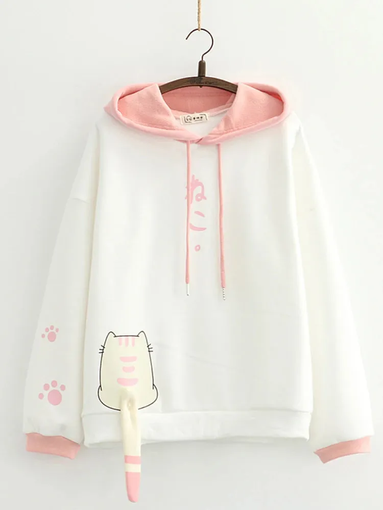 Women Winter Fleece Sweatshirt Casual Loose Long Sleeve Hoodies New Arrival Female Cartoon Print Harakuju Top Pullovers