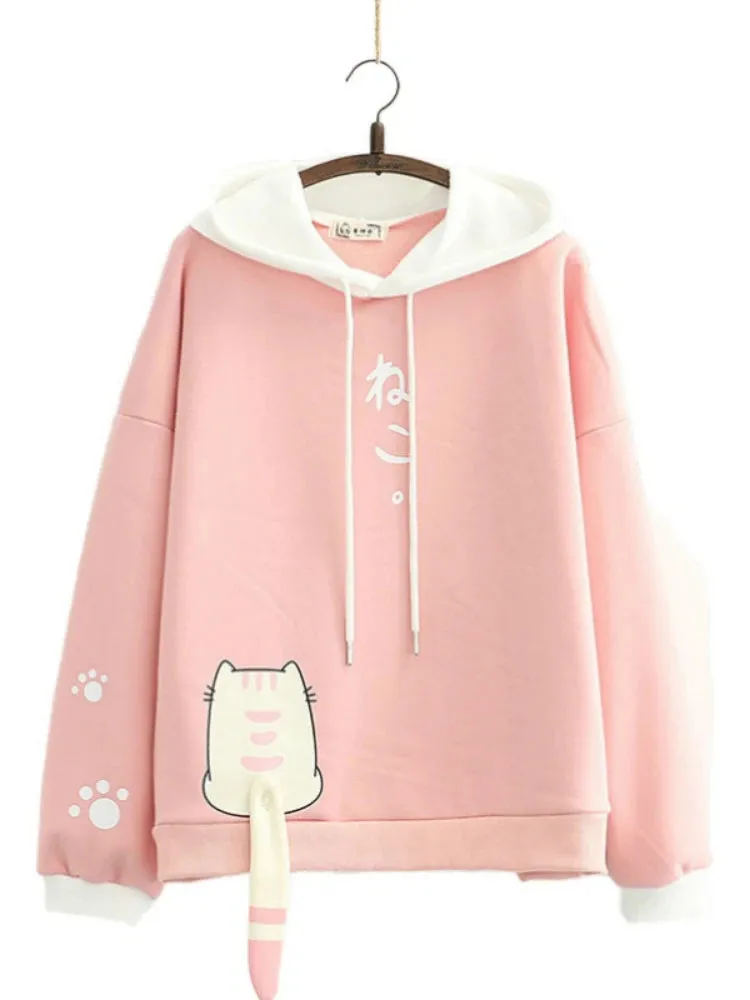 Women Winter Fleece Sweatshirt Casual Loose Long Sleeve Hoodies New Arrival Female Cartoon Print Harakuju Top Pullovers