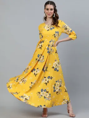 Women Yellow Printed Maxi Dress With Three Quarter Sleeves