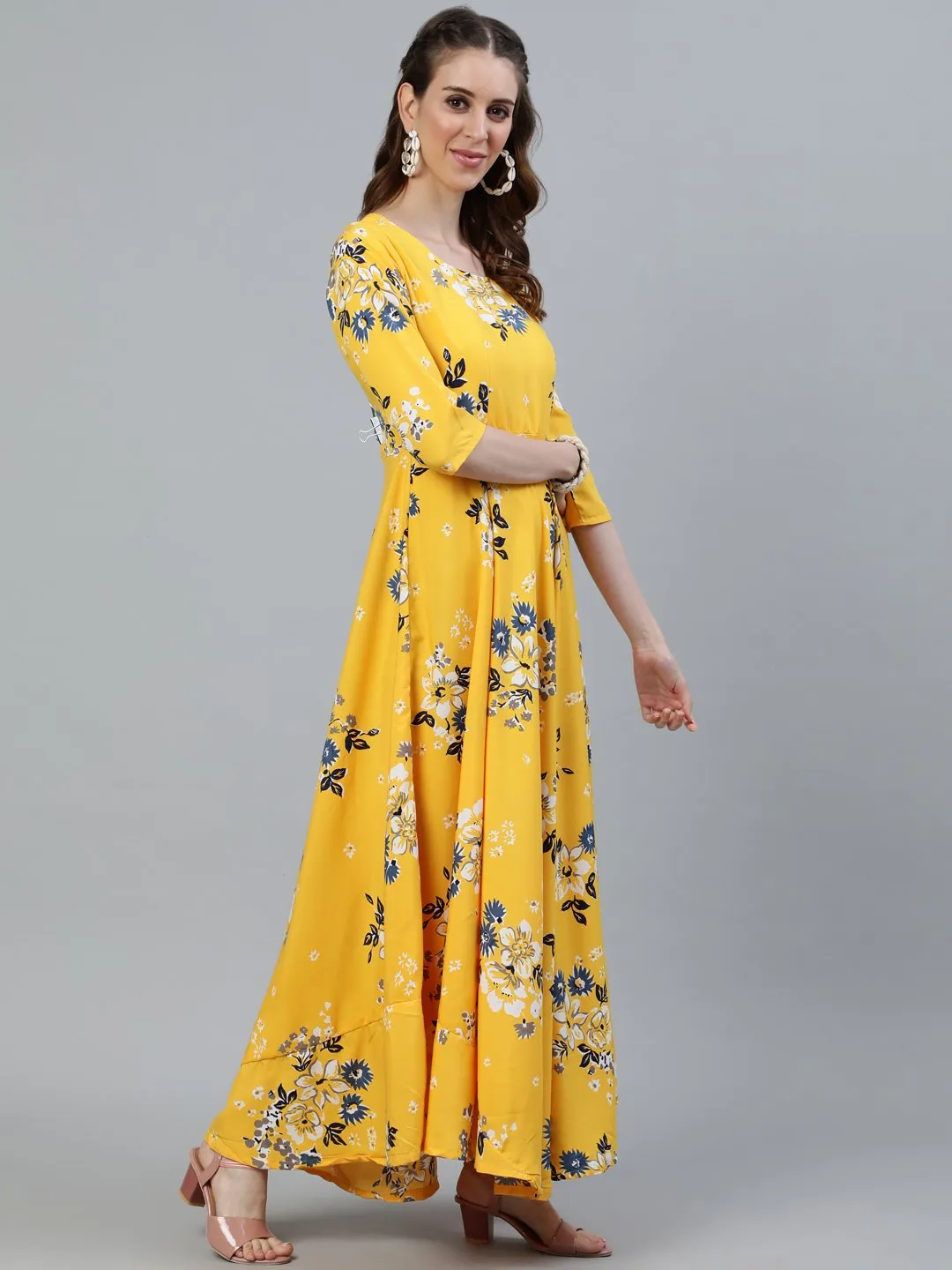 Women Yellow Printed Maxi Dress With Three Quarter Sleeves