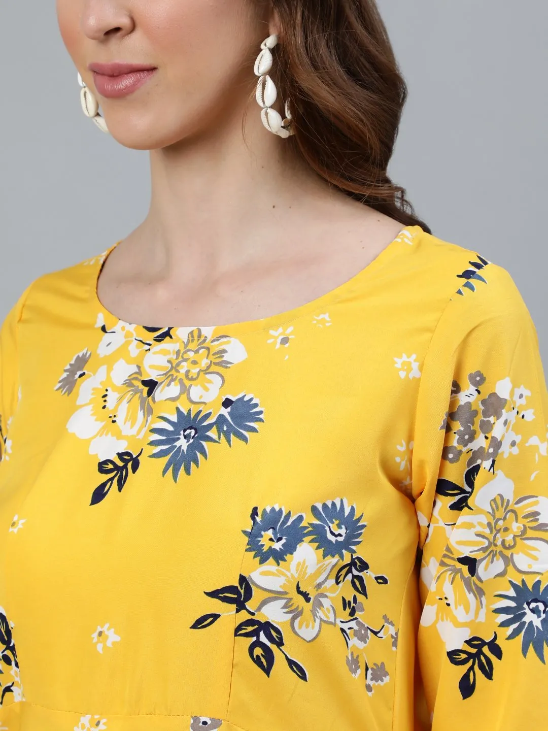 Women Yellow Printed Maxi Dress With Three Quarter Sleeves