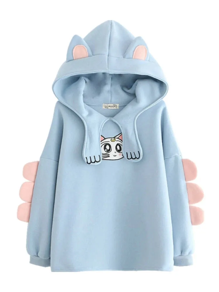 Women's Hoodies Sweatshirt With Ears On Hood Cat Embroidery Cute Harajuku Fleece Hoodie Hooded Clothes Pullovers