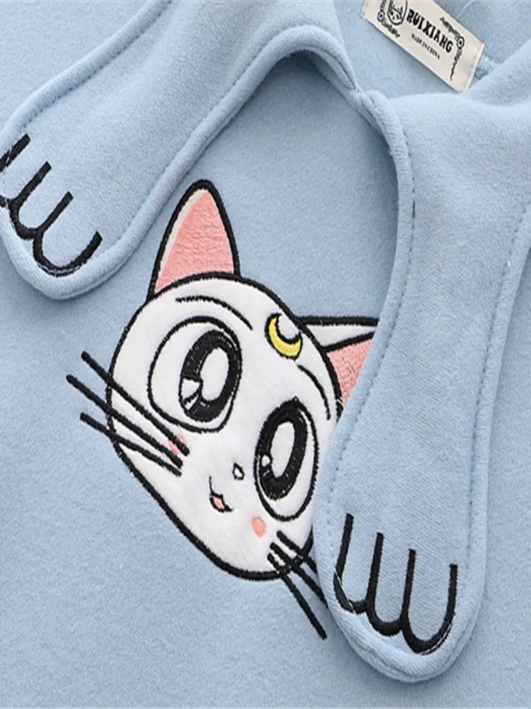 Women's Hoodies Sweatshirt With Ears On Hood Cat Embroidery Cute Harajuku Fleece Hoodie Hooded Clothes Pullovers