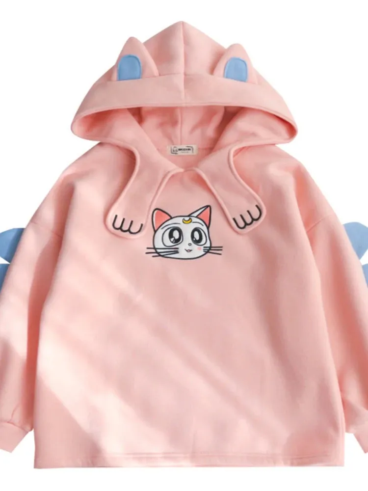 Women's Hoodies Sweatshirt With Ears On Hood Cat Embroidery Cute Harajuku Fleece Hoodie Hooded Clothes Pullovers