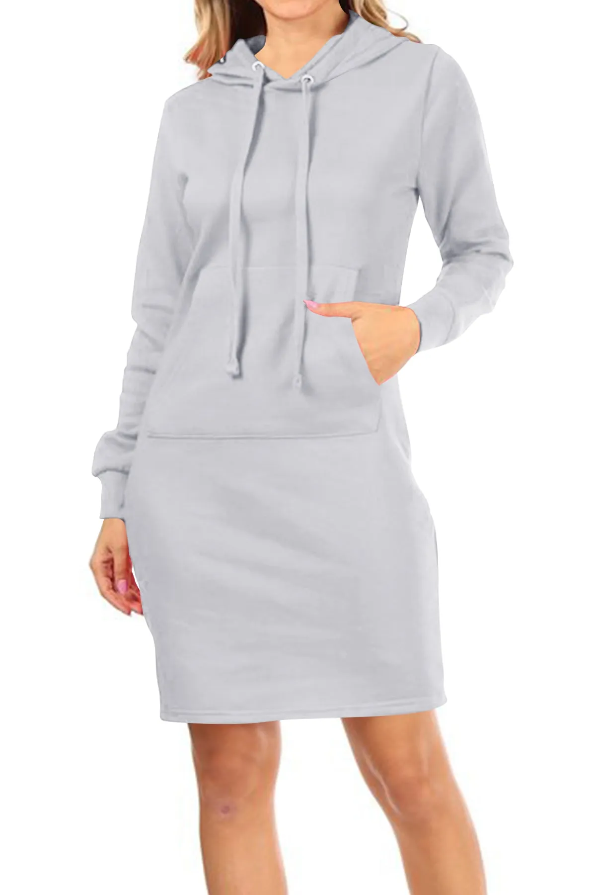 Women's Long Sleeve Fleece Pull On Mini Midi Solid Hooded Dress