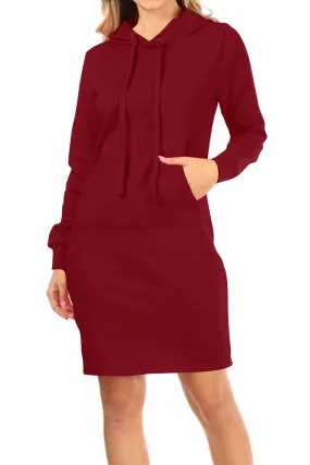 Women's Long Sleeve Fleece Pull On Mini Midi Solid Hooded Dress