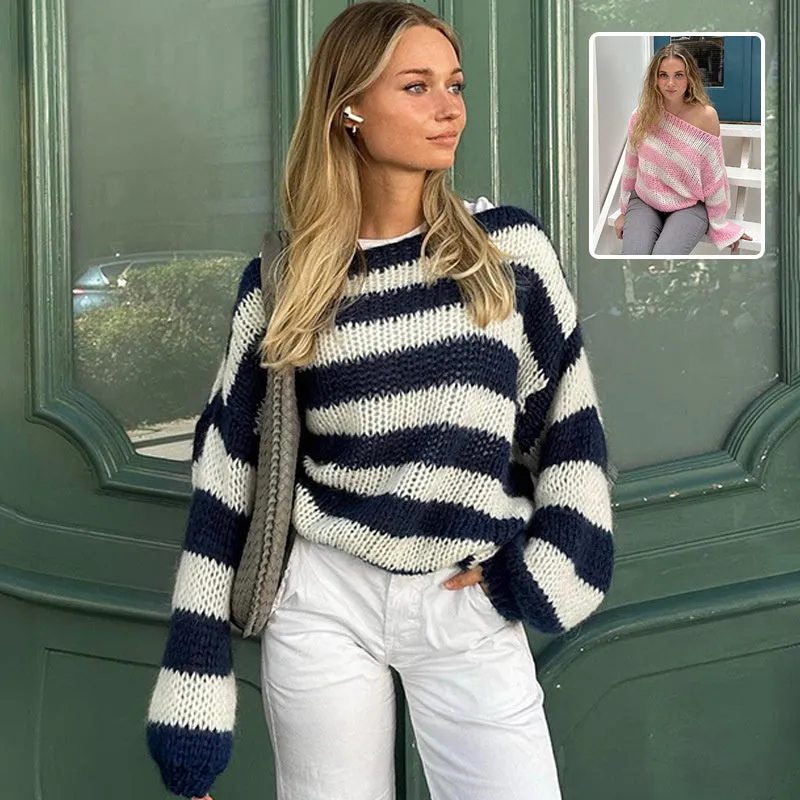 Women's Striped Knit Sweater - Cozy Long-Sleeve Color Block Pullover