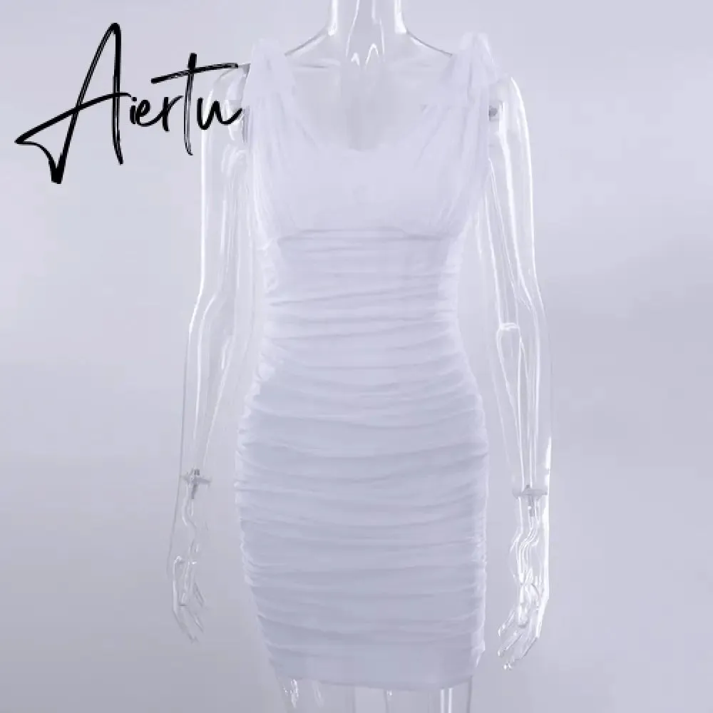 Women'S Wear  Solid Color Dress Spandex Mesh White Dresses Pleated Ight Suspender Sexy Fishbone Zipper Dress Summer